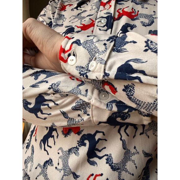 Vintage 70s Horse Print Blouse | Red/Navy Graphic Novelty Top | Point Collar | S - Picture 7 of 9